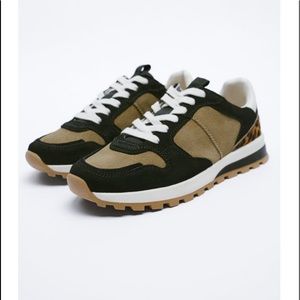 Zara Printed Leather Athletic Sneakers Color-Green/Black/White Size-9 NWT